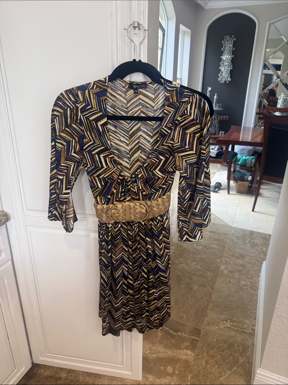 Sky brand Gold & Black Chevron Wrap Dress with Belt